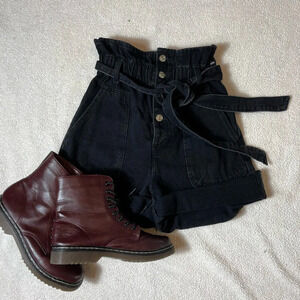 Zara Highrise Paperbag Tie Button Up Cuffed  Black Jean Shorts
